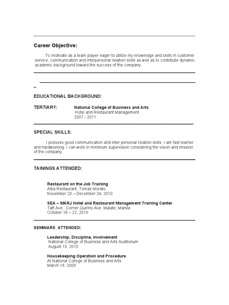 Resume Resume Skills For Hotel And Restaurant Management resume hrm