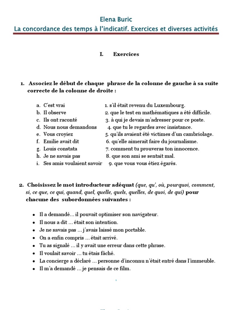 Les Temps De L indicatif Exercices à Imprimer La Concordance Des Temps À L'indicatif. Applications | PDF | Phrase |  Langues