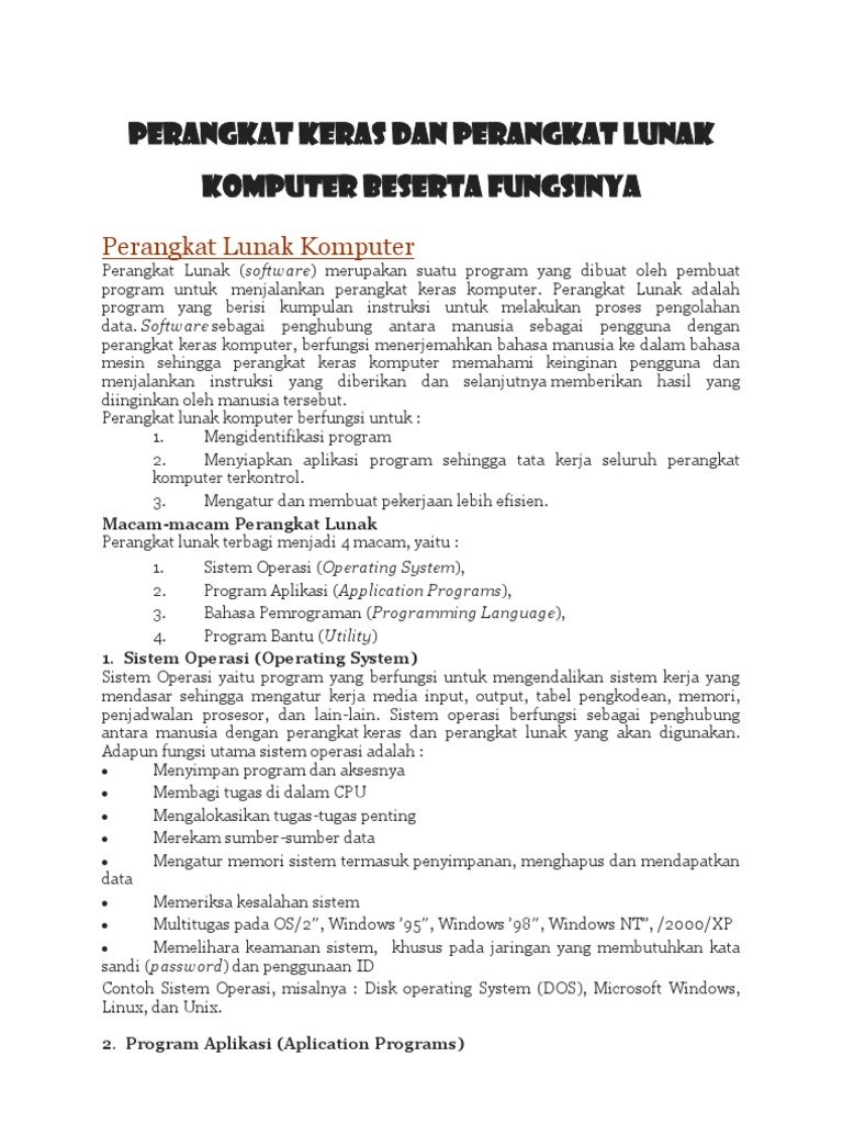 Perangkat Keras Dan Perangkat Lunak Komputer Beserta Fungsinya