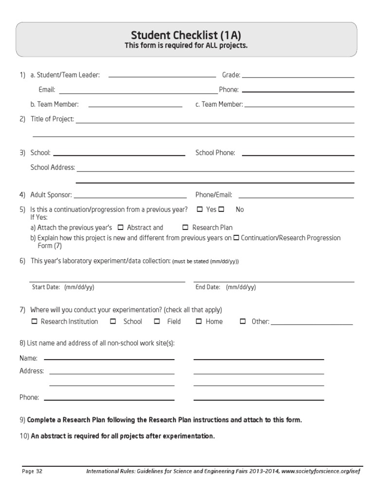 Student Checklist (1A) : This Form Is Required For ALL Projects | PDF