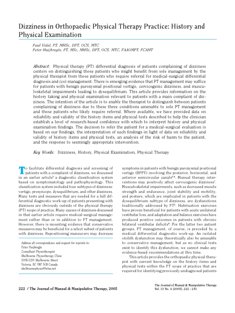 Dizziness History and Physical Examination PDF Vertigo Physical