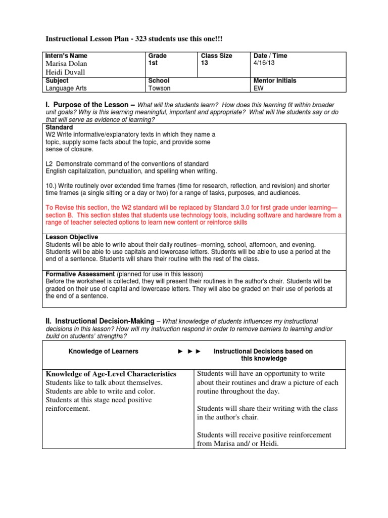 1st Grade Language Arts Lesson Plan | PDF | Lesson Plan | Cognition