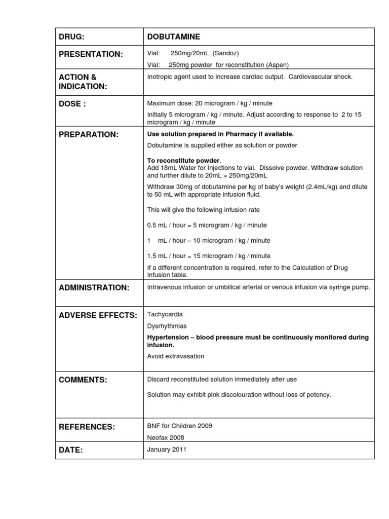 Dobutamine Dosage and Administration Guide | PDF