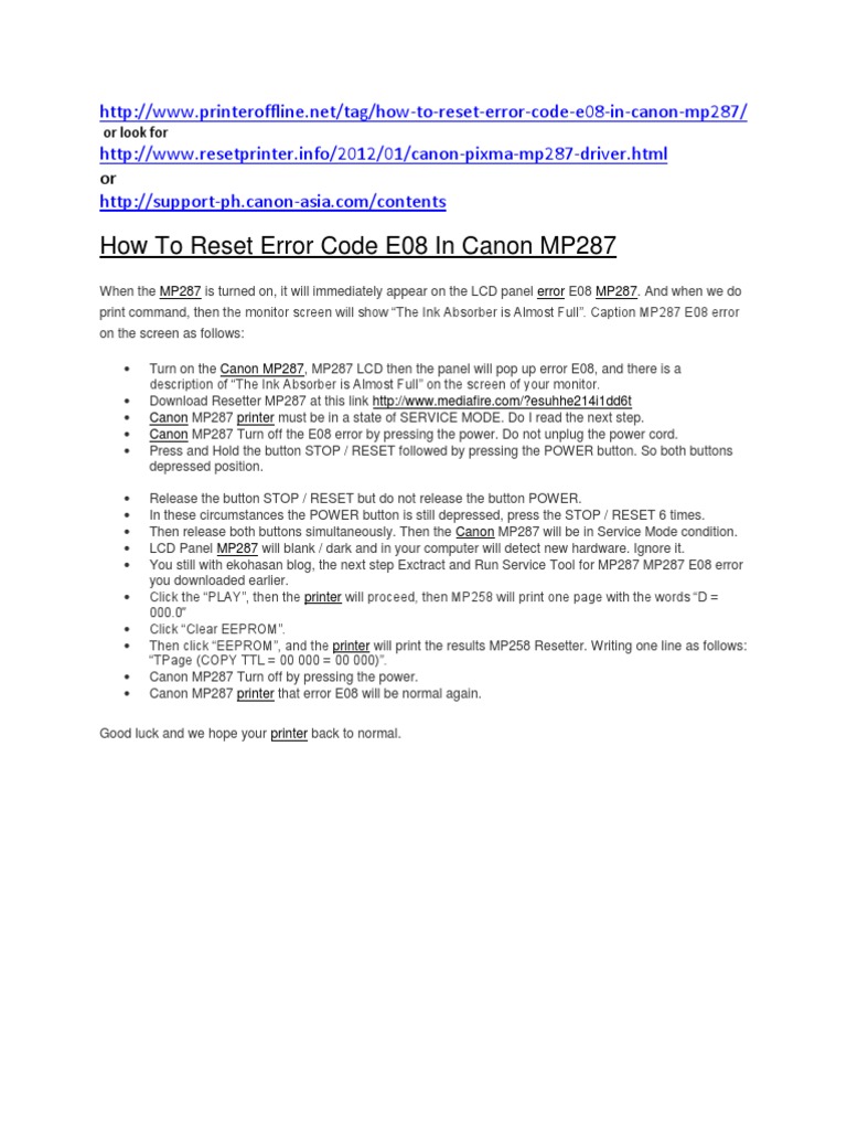 How To Reset Error Code E08 in Canon MP287 | PDF | Envelope | Printer ...