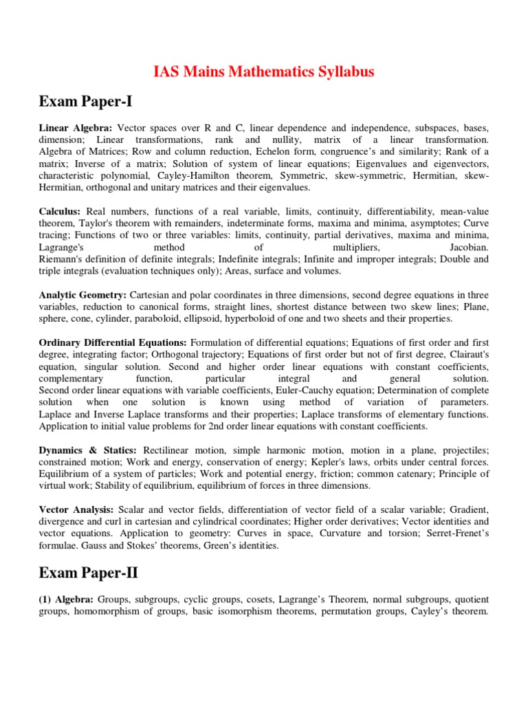 Mathematics Concepts and Techniques Covered in the IAS Mains ...