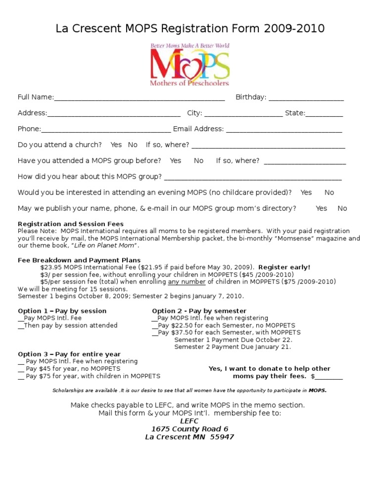 La Crescent MOPS Registration Form 2009 | PDF | Fee | Business