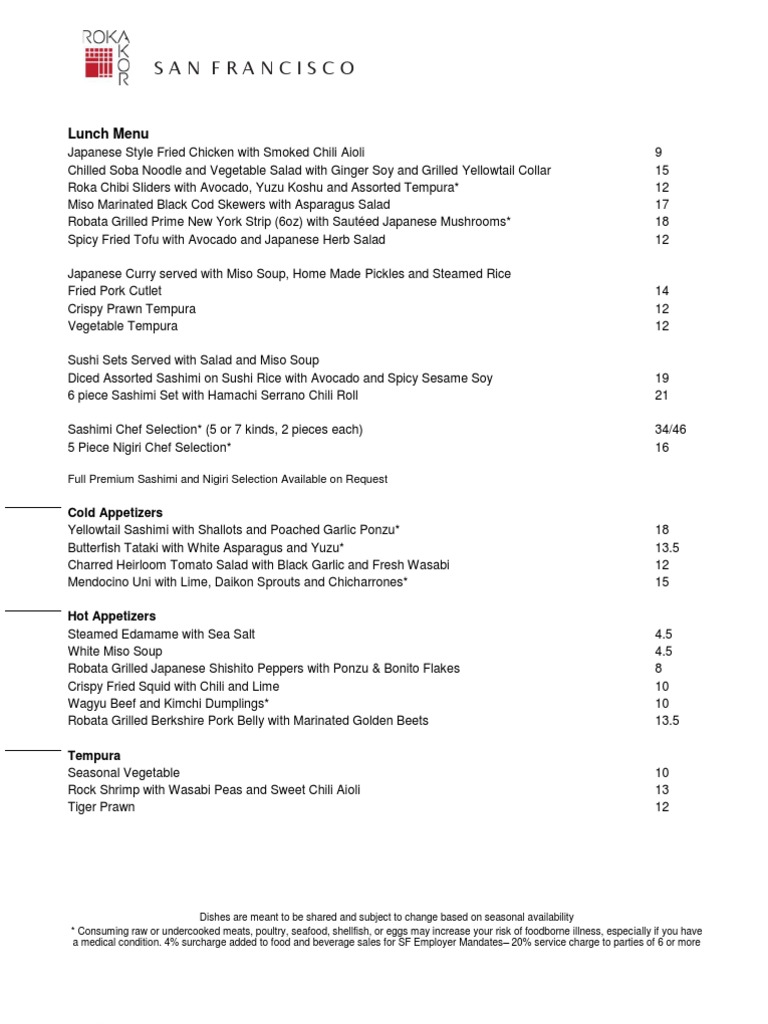 Roka Akor San Francisco Lunch Menu | PDF | Sushi | Pickling