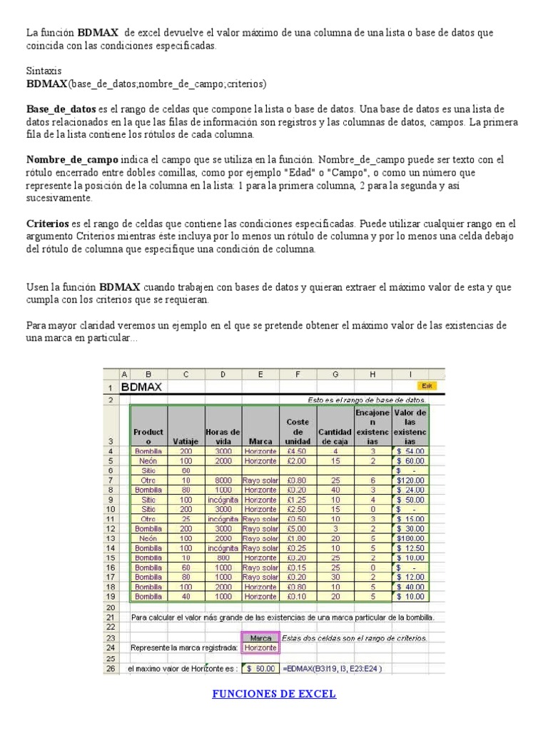 Uso de la función BDMAX en Excel | PDF | Hoja de cálculo | Software de ...