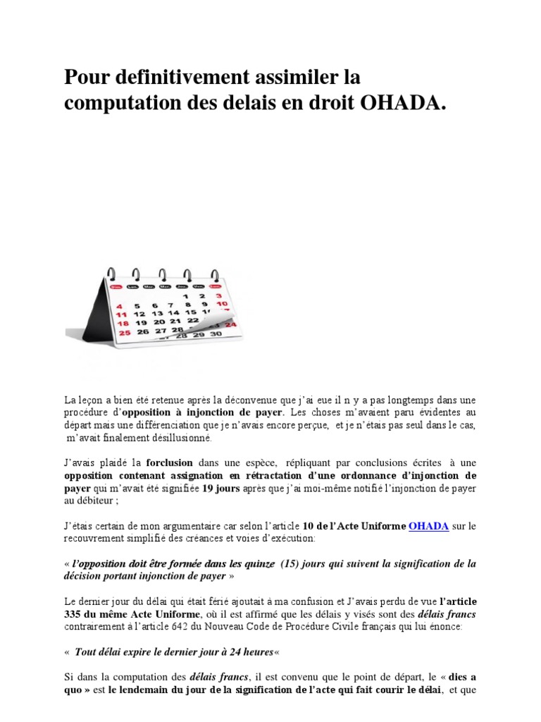 La Computation Des Delais En Droit Ohada Injonction De Payer En Procedure Civile Francaise Gouvernement