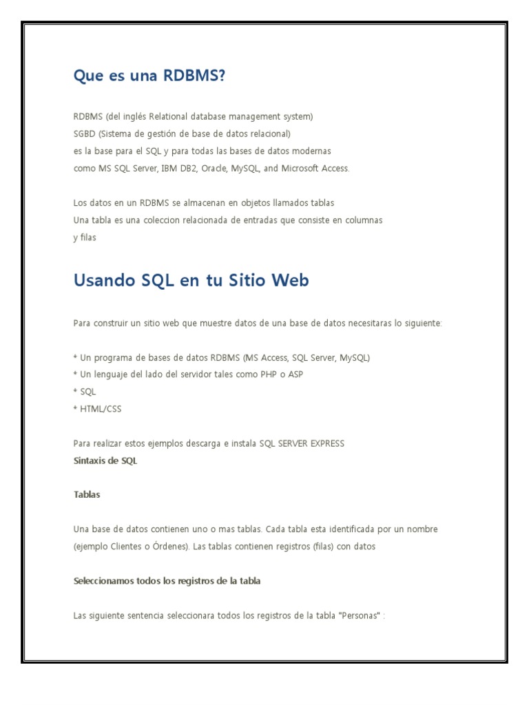 Que Es Una RDBMS | PDF | SQL | Tabla (base de datos)