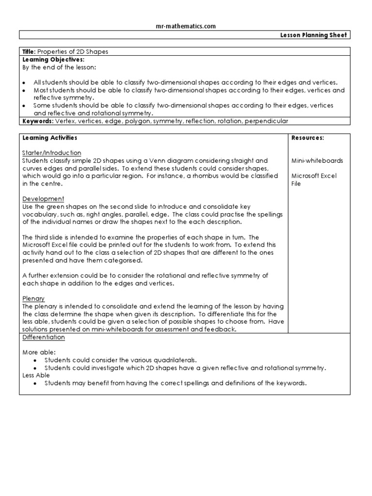 Properties of 2D Shapes Lesson Plan | PDF