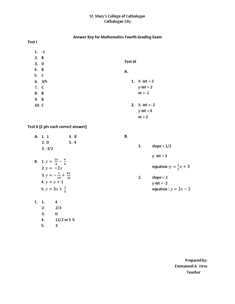 Mathematics Exam Answer Key | PDF