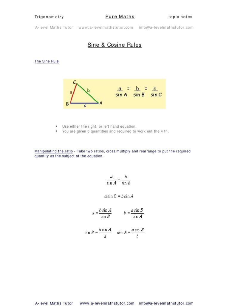 Sine Rule Cosine Rule trigonometry Revision Notes From A level Maths Tutor