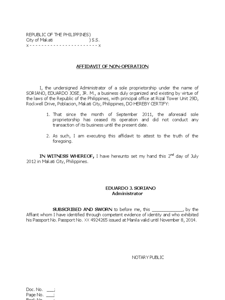 Affidavit of non operation pdf