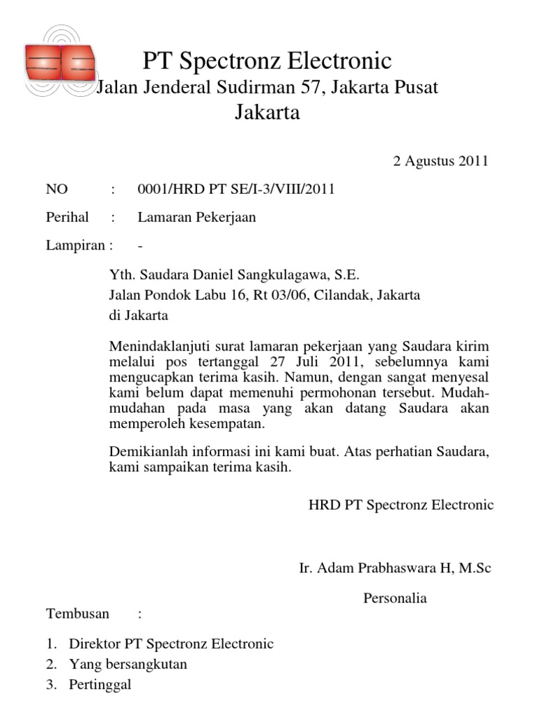 Contoh Balasan Surat Lamaran Pekerjaan