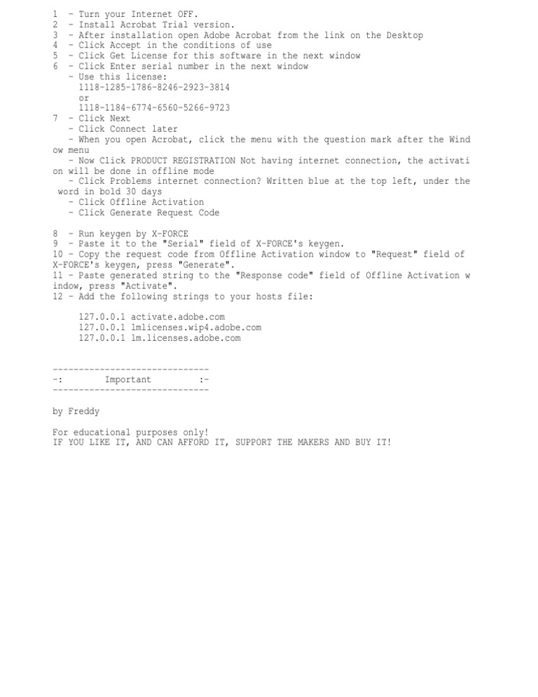 Adobe offline activation response code list