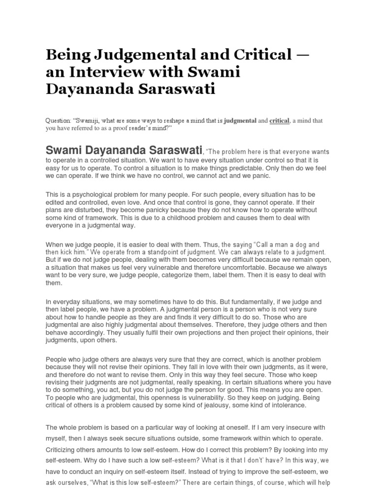 Being Judgemental and Critical PDF Self Esteem Social Psychology