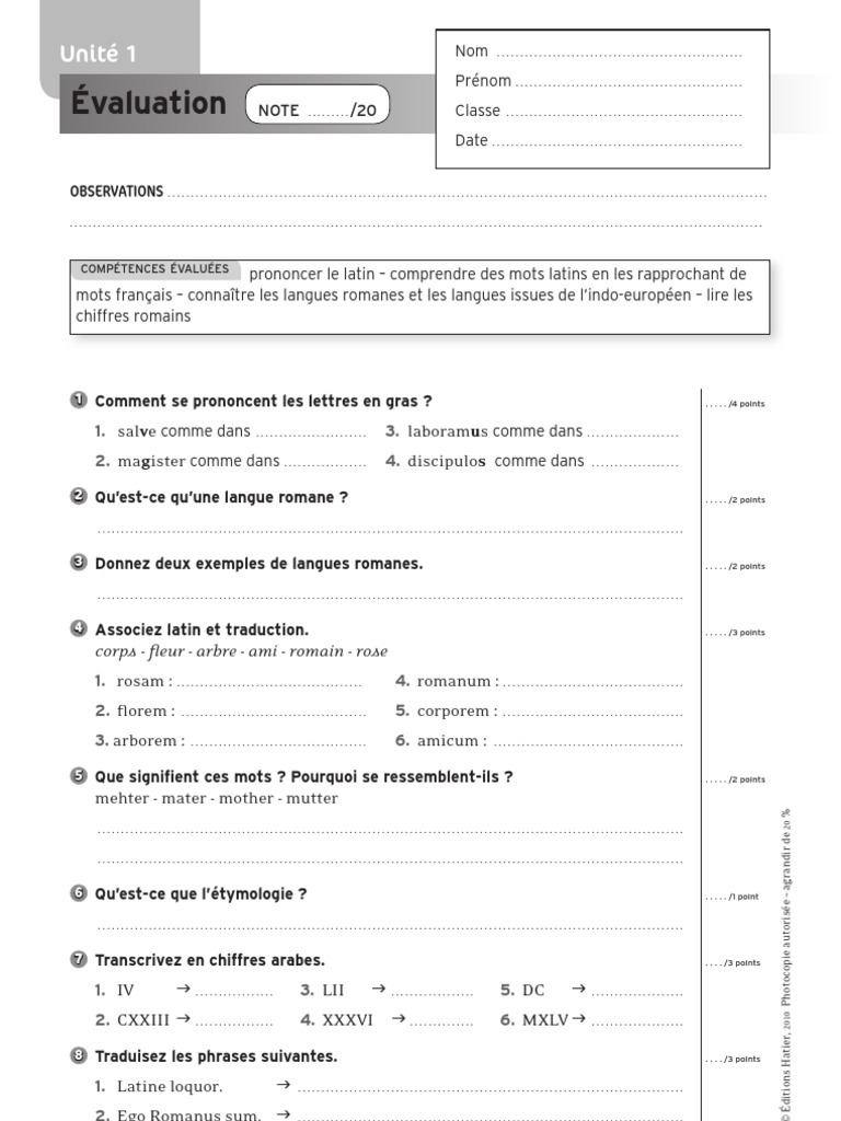Fiche De Revision 5eme A Imprimer Latin 5ème - Évaluations | Langue française | Latin