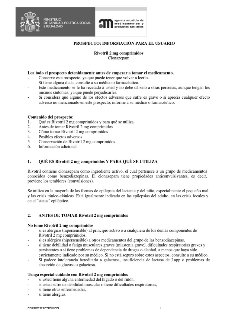 Prospecto de Rivotril 2 mg Comprimidos | PDF | Benzodiazepinas ...