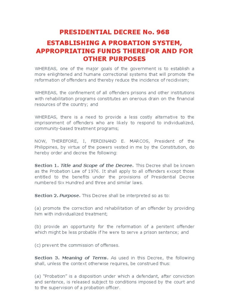 Presidential Decree No. 968 Establishing A Probation System ...