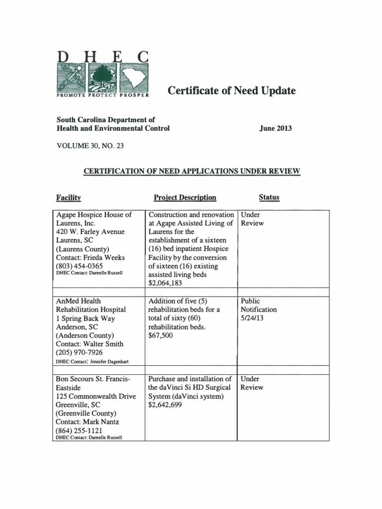 SC DHEC Certificate of Need Update Columbia Ct Scan