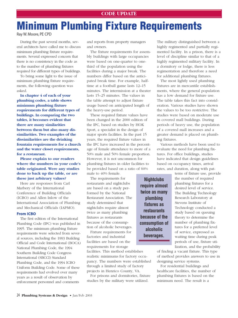 ASPE PSD Minimum Plumbing Fixture Requirements Pumping Station