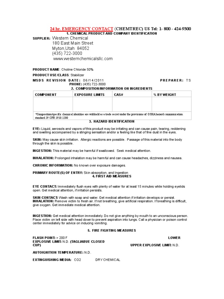 Western Choline Chloride 50 MSDS PDF Superfund Personal