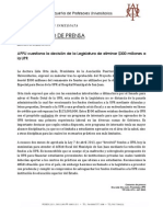 26 junio 2013 APPU cuestiona la decisión de la Legislatura de eliminar $300 millones a la UPR