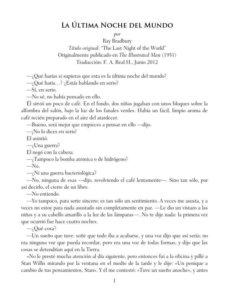 La Última Noche del Mundo de Bradbury | PDF | Dormir | Ocio