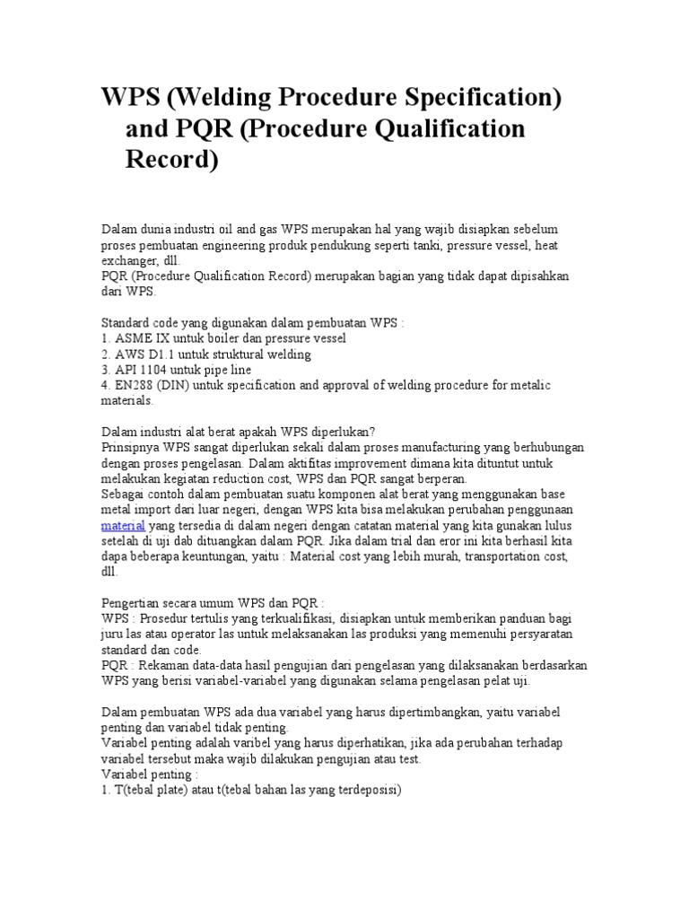 WPS (Welding Procedure Specification) and PQR (Procedure Qualification