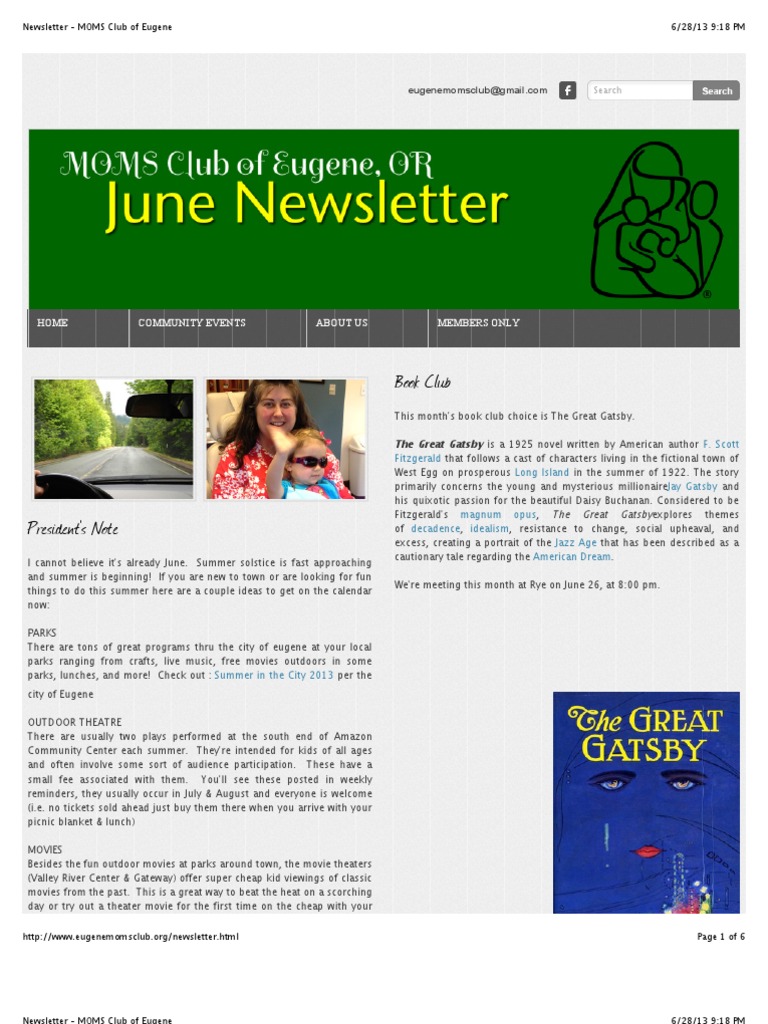Moms Club Newsletter June PDF The Great Gatsby Leisure