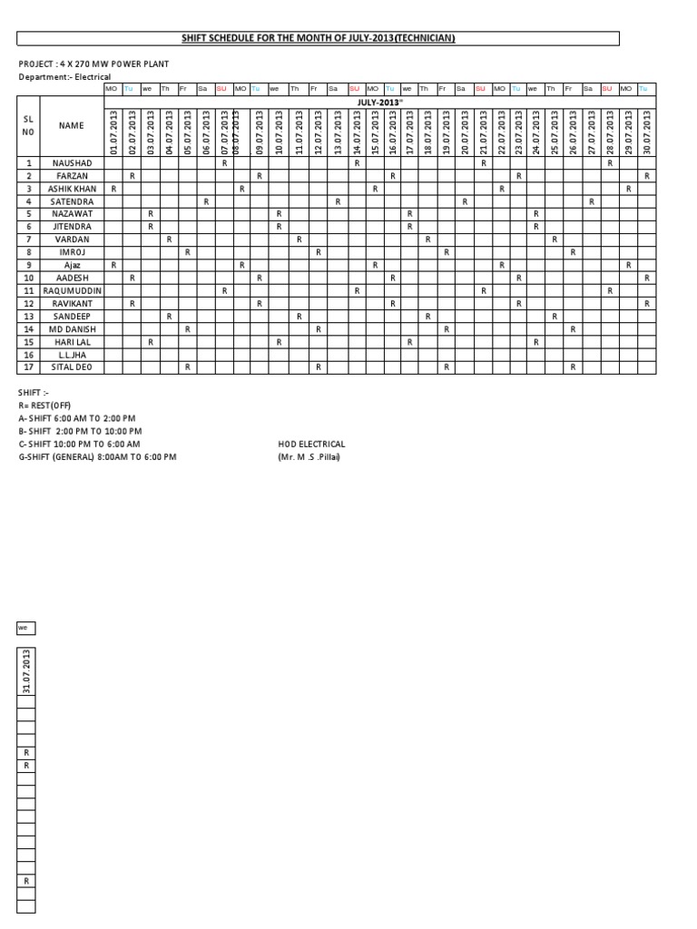 July 2013 Technician Shift Schedule | PDF