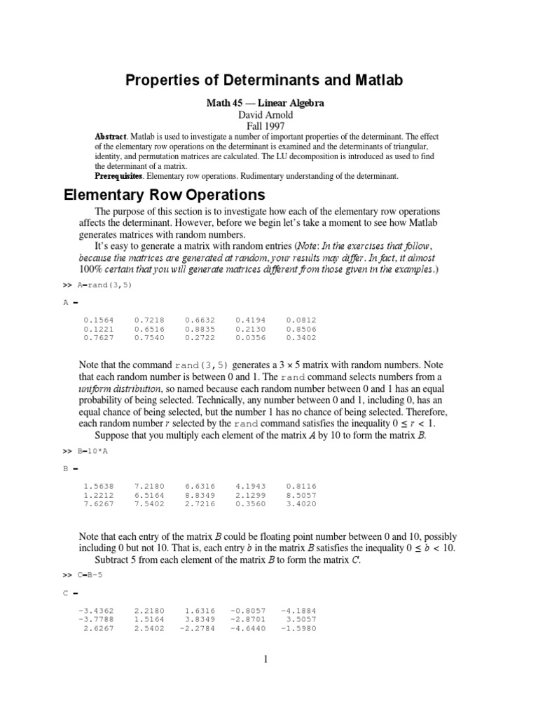 Determinant and MatLab | PDF | Determinant | Matrix (Mathematics)