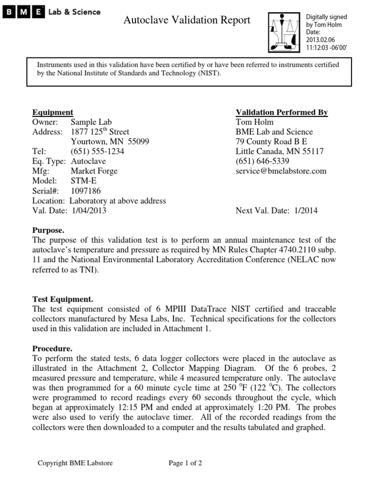 Sample Autoclave Validation Report 1042013 PDF National Institute Of Standards And