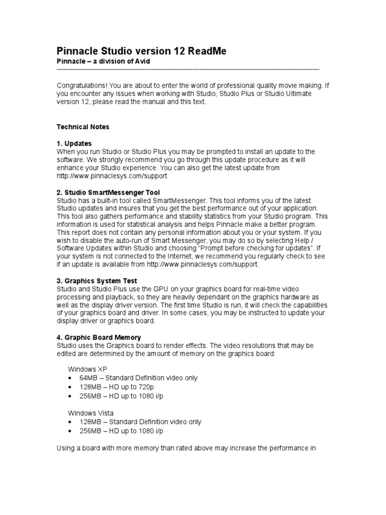 Pinnacle Studio Version 12 Readme Pinnacle A Division of Avid PDF