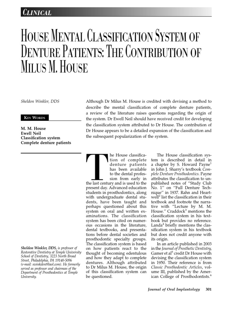 House Mental Classification of Denture Patients | PDF | Prosthodontics ...