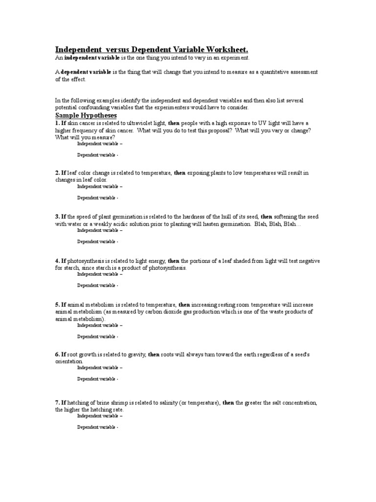 Independent Versus Dependent Variable Worksheet.: Sample Hypotheses | PDF