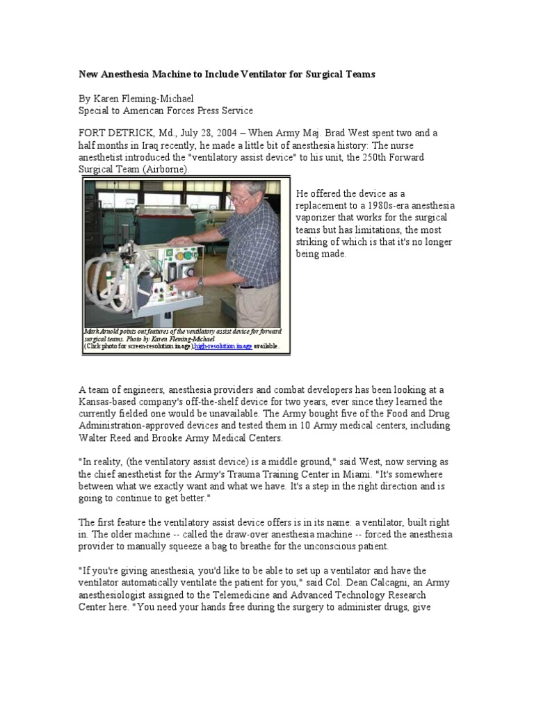 New Anesthesia Machine To Include Ventilator For Surgical Teams | PDF ...