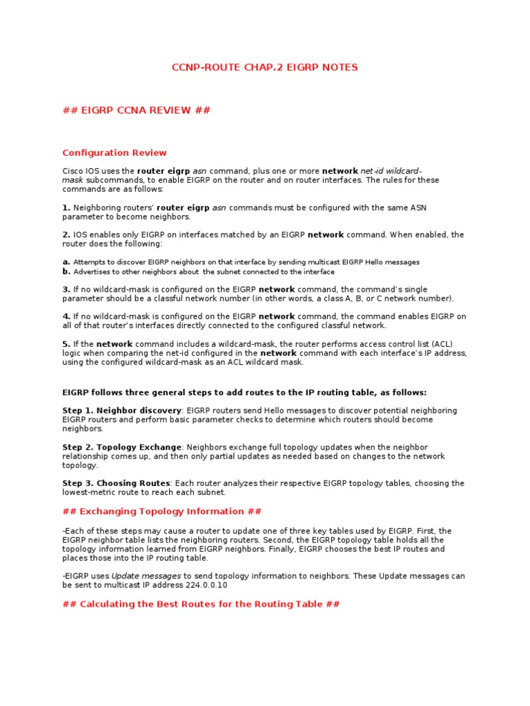 CCNP-ROUTE Chapter 2 EIGRP Notes | PDF | Router (Computing) | Ip Address