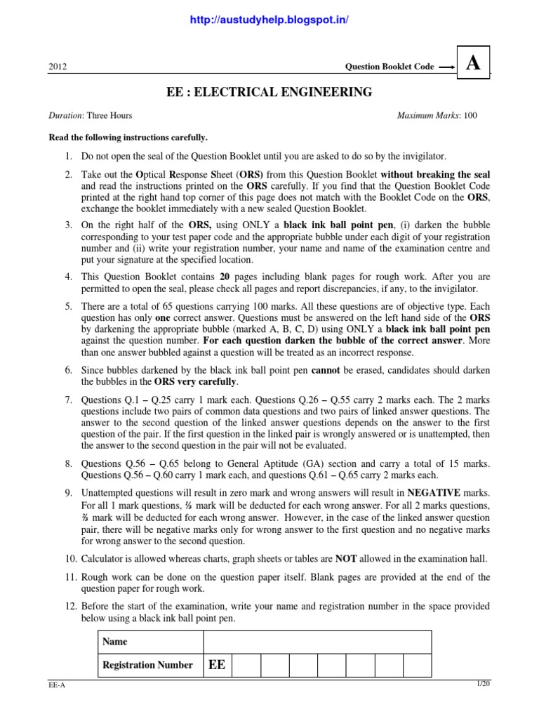 Gate 2012 Ee Electrical Engineering Question Paper Pdf Transformer