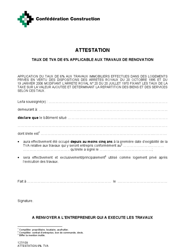 Attestation 6% | PDF | Taxe sur la valeur ajoutée | Financement du ...