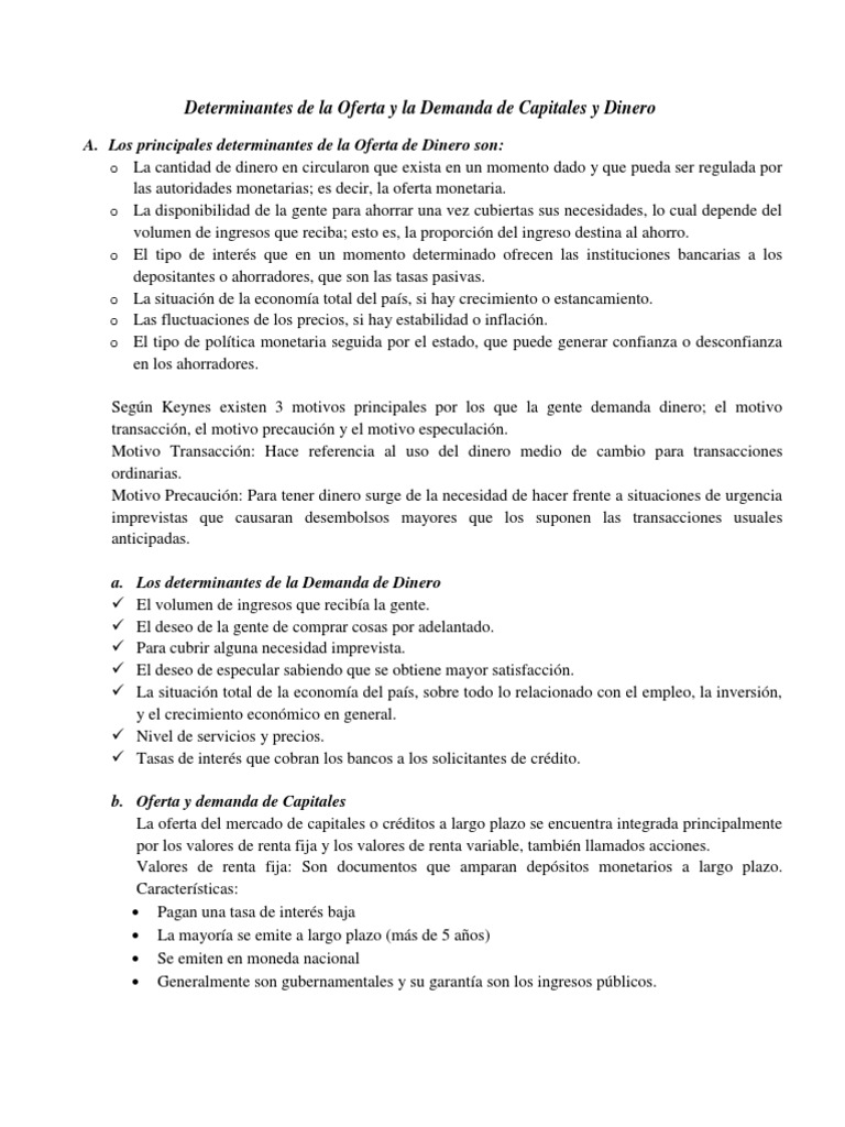 Determinantes de La Oferta y La Demanda de Capitales y Dinero | PDF ...