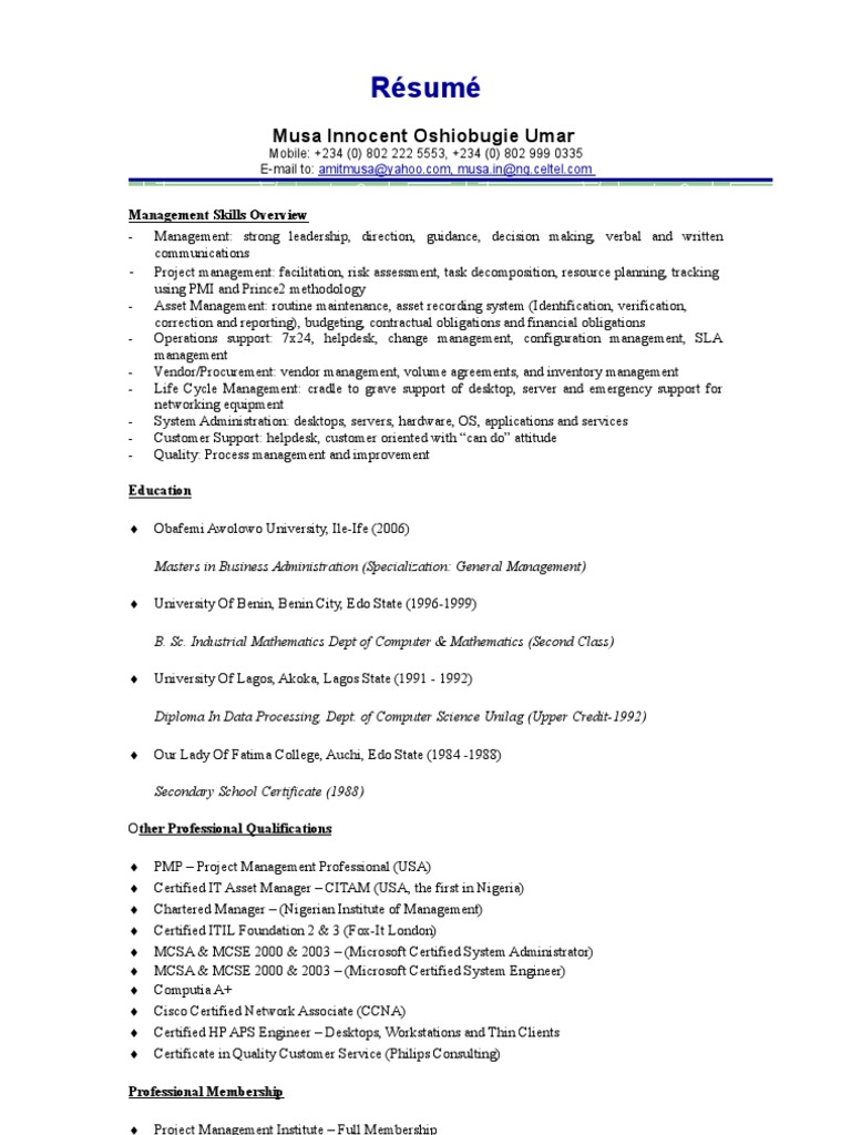 Innocent Musa CV Final PM | PDF | Microsoft Certified Professional | Itil
