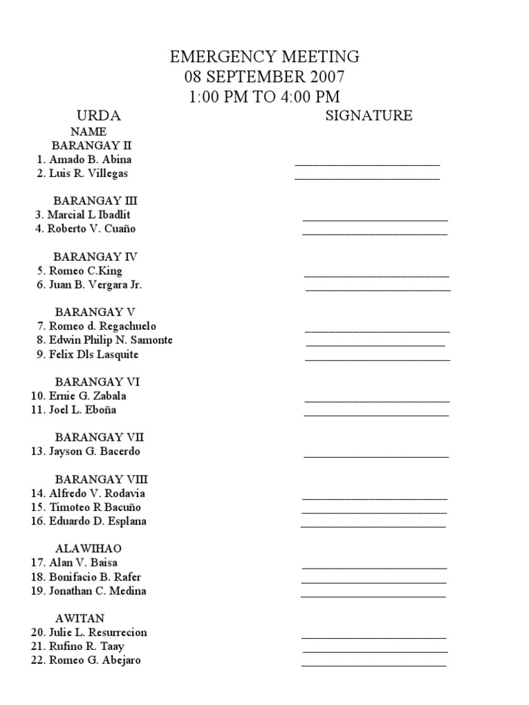 Emergency Meeting Attendance List | PDF