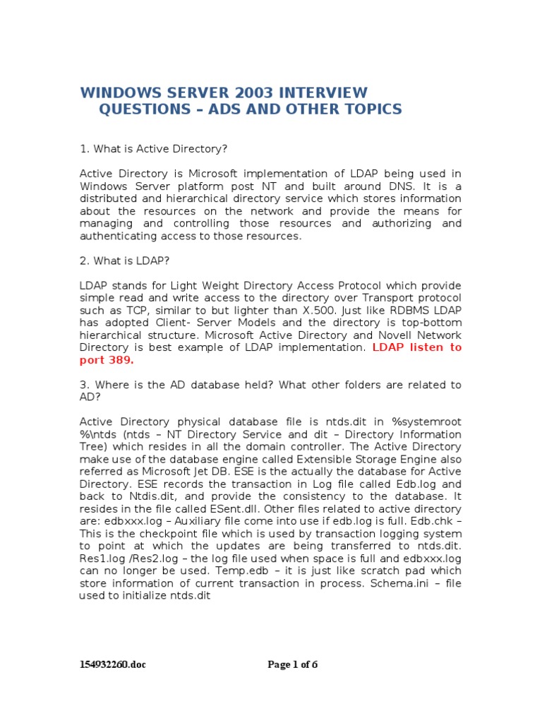 WindowsServer2003 ADS Answers 30jun2008 | PDF | Active Directory | Data ...