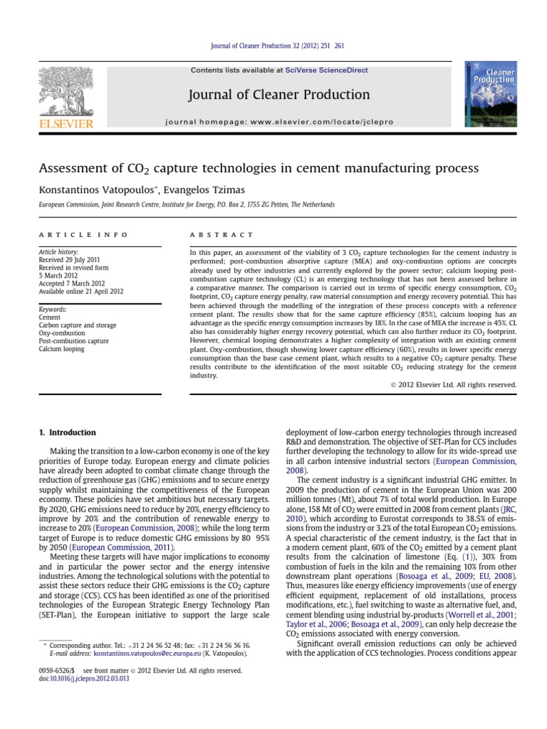 CO2 Capture Technologies in Cement Industry | PDF | Carbon Capture And ...