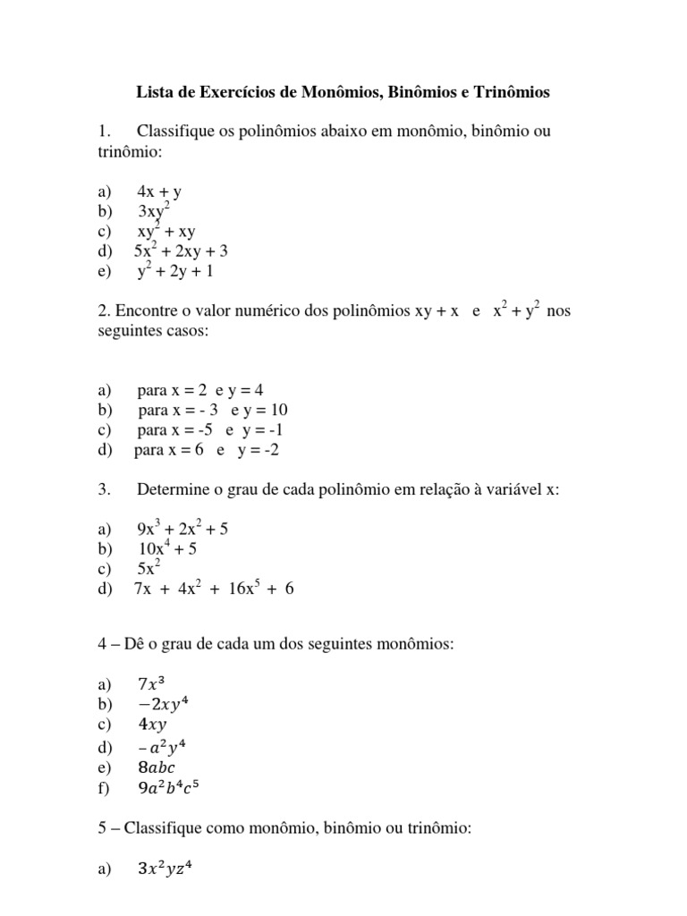 Exercícios de Monômios e Polinômios | PDF