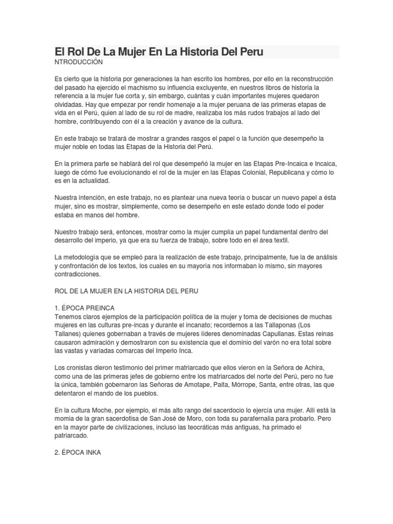 Rol de la Mujer en la Historia del Perú | PDF | Imperio Inca | Mujer