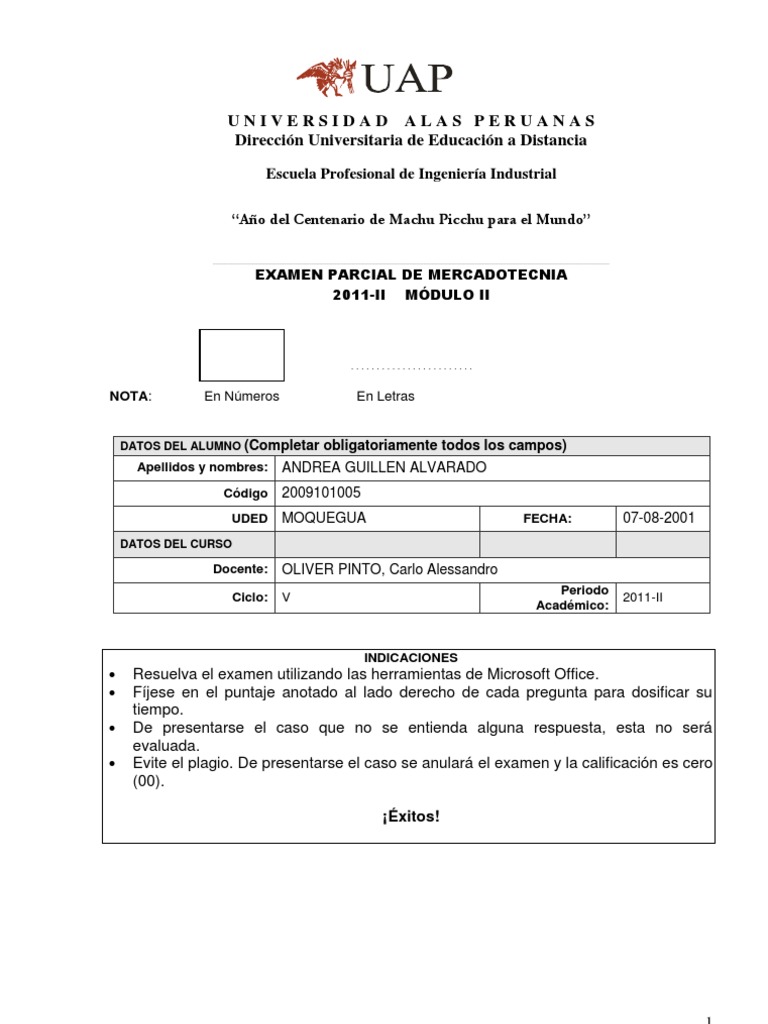Examen Parcial de Mercadotecnia 2011-II | PDF | Producto (Negocio ...