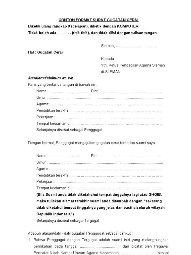 Format Contoh Surat Gugatan Cerai (Isteri Yang Mengajukan Cerai)